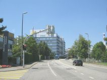 Schweizerhalle: Rheinfelderstrasse, Sicht
                        gegen Basel mit den Produktionsgeb�uden der
                        Giftfirmen Ciba und Novartis