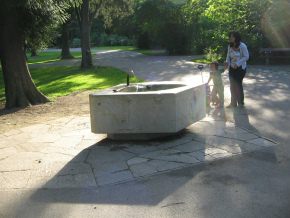 Sch�tzenmattpark, der Vogel (Spatz) trinkt
                      vom Brunnen, und die Frau hebt das Kind zum
                      Brunnen