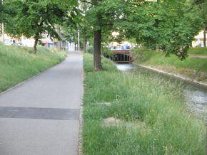 Das Ende des Wegs
                      "Nachtigallenw�ldeli" mit dem Gatter des
                      Birsig vor dem unterirdischen Teil