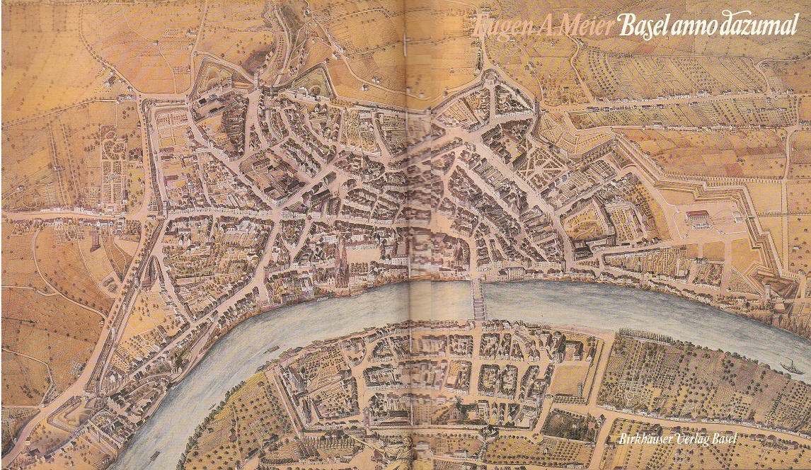 Luftaufnahme mit einem
                      Stadtplan von Basel von ca. 1842 (Anhaltspunkt ist
                      der Franzsische Bahnhof gebaut 1841) -
                      Vogelschauplan von Johann Friedrich Mhly