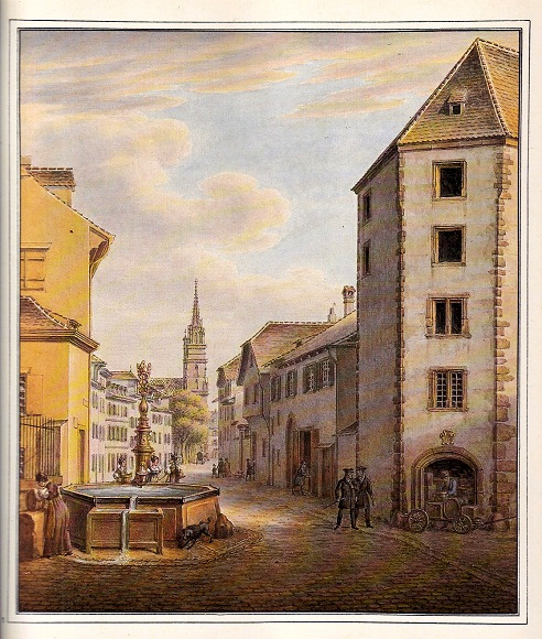 Basel-Zentrum: Der
                      Augustinerbrunnen mit dem M�nster von Basel -
                      Aquarell von Johann Jakob Neust�ck - 1860