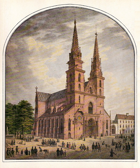 M�nster in Basel - kolorierte
                        Kreidelithographie von Domenico Quaglio 1823