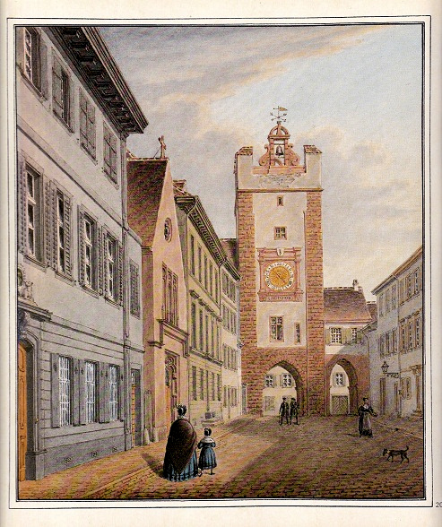 Basel Zentrum: Die Rittergasse mit dem
                      St.-Alban-Schwibbogen 1863 (abgerissen)