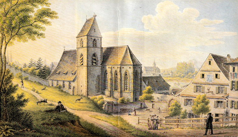 Ost-Basel: St. Alban-Kirche und eine
                        Hirzlim�hle, Aquarell von Johann Jakob Neust�ck
                        1857