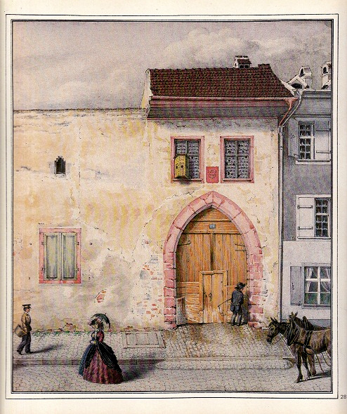 Basel Zentrum: Rittergasse
                        18, der Eingang zur Domprobstei (ein
                        Angestellter des Basler M�nsters), Aquarell von
                        Karl Eduard S�ffert 1865