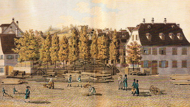 Zimmereiplatz von Paravicini an der
                        Thorsteinen 20 bis 22, Aquarell ca. 1830,
                        Wilhelm Oppermann zugeschrieben