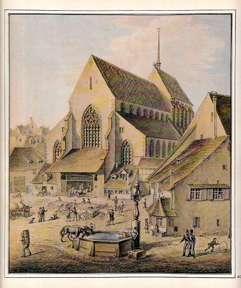 Basel Zentrum: Der Barf�sserplatz mit der
                      Barf�sserkirche und dem L�wenbrunnen, um 1820,
                      Aquarell von Johann Jakob Neust�ck 1855