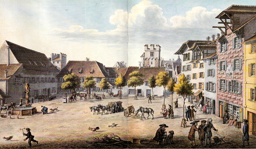 Basel Zentrum: Der Barf�sserplatz um 1820 -
                        Aquarell von Johann Jakob Neust�ck, 1847