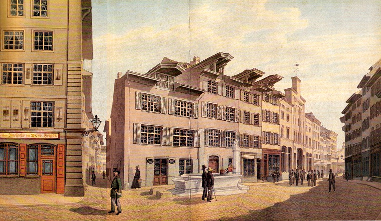 Basel Zentrum: Die untere Freie Strasse,
                        1875 - Aquarell von Johann Jakob Schneider