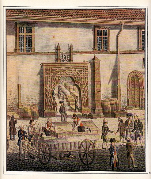Le grand magasin de la
                        ruelle des Tanneurs (Gerbergasse) Centre de
                        Ble: Ruelle des Tanneurs (Gerbergasse) avec
                        grand magasin et march aux bestiaux, aquarelle
                        de Peter Toussaint 1847