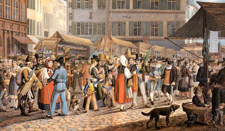 Basel Zentrum: Der Marktplatz mit
                        Frohnfastenmarkt, Aquarell von Jakob Senn 1828