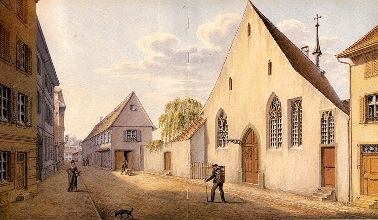 Basel Zentrum: Kapelle St. Elisabethen,
                        Aquarell von Johann jakob Neust�ck 1859