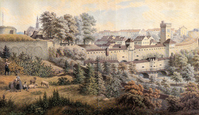 Basel-Sd: Die Stadtmauer von Basel, Sicht
                        von der Steinenschanze aus, 1865