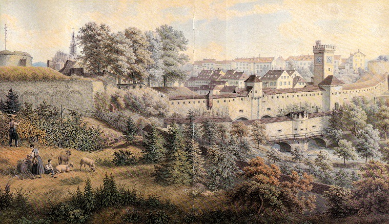 Basel-S�d: Die Stadtmauer von Basel, Sicht
                        von der Steinenschanze aus, 1865