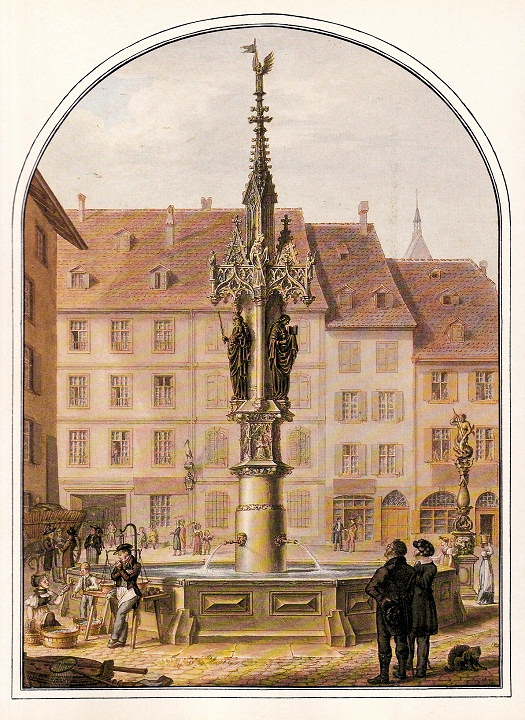 Basel Zentrum: Der Fischmarktbrunnen,
                      Aquarell von Johann Jakob Neust�ck 1850