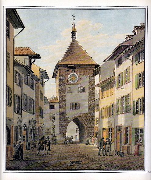 Basel
                      Zentrum: Am oberen Ende des Spalenbergs stand
                      einmal ein Stadttor, der Spalenschwibbogen, Bild
                      von 1837