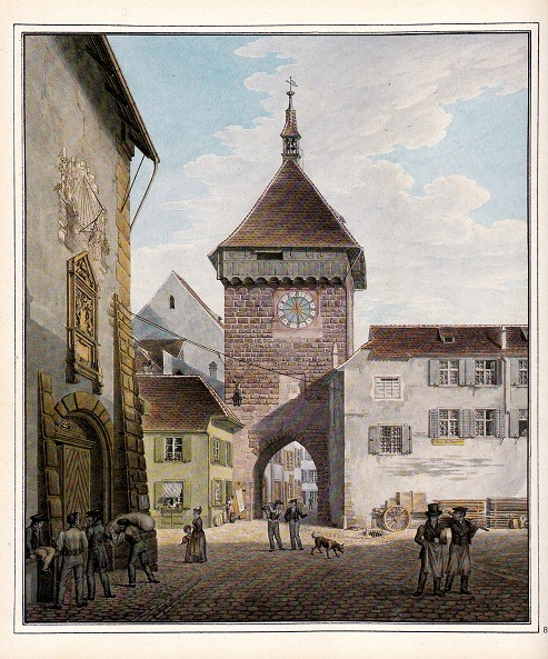 Basel Zentrum: Kornhaus und
                      Spalenschwibbogen, Sicht von der Spalenvorstadt
                      aus, Aquarell von Johann Jakob Neust�ck 1837