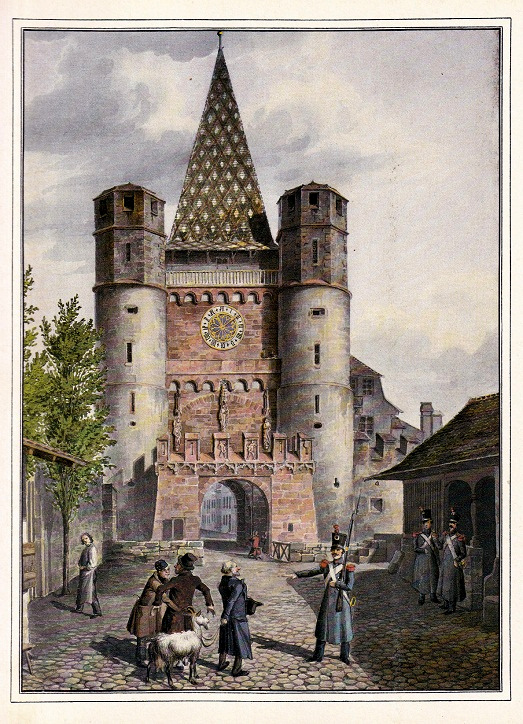 Basel West: Das Spalentor, Sicht von
                        aussen von Westen her, Aquarell von Constantin
                        Guise 1838 (steht noch)