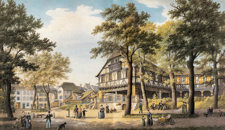 Basel Zentrum:
                      Petersplatz mit Stachelsch�tzenhaus, Aquarell
                      1850, Achilles Bentz zugeschrieben (steht noch