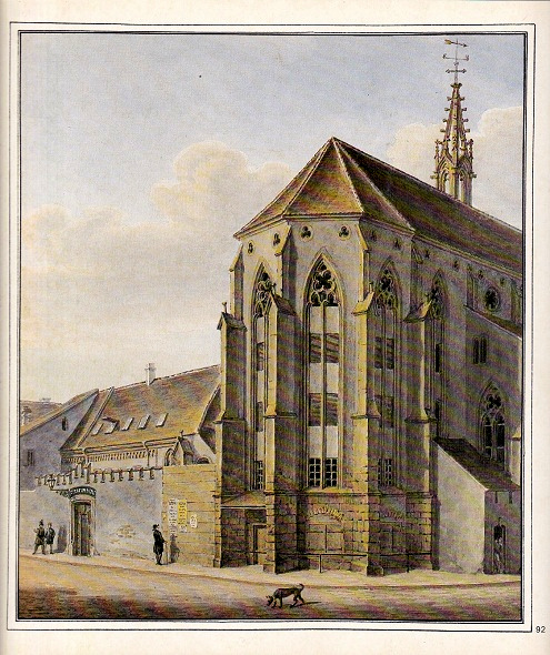 Basel Zentrum: Predigerkirche (beim
                        heutigen Kantonsspital) und ein Schellenwerk,
                        Aquarell von Johann Jakob Neust�ck 1859