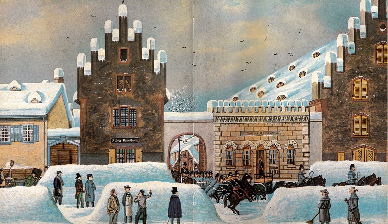 Basel Zentrum: Das
                      Zeughaus am Petersgraben (heute steht dort die
                      Universit�t), Gouache von Louis Dubois 1855