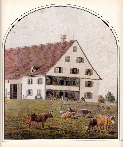 Im
                      Westen von Basel: Der Schneiderhof an der
                      Burgfelderstrasse 116, im Jahre 1830