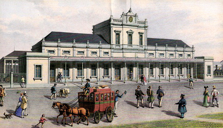 Basel
                      West: Der Franz�sische Bahnhof hinter der
                      Lottergasse (an der heutigen Spitalstrasse), 1860
                      abgerissen und durch den Franz�sischen Bahnhof
                      beim Bahnhof SBB ersetzt, aquarellierte
                      Planzeichnung 1846, Maler unbekannt