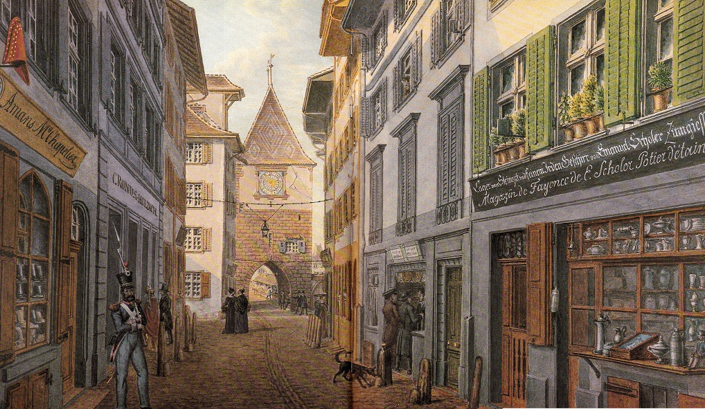 Basel
                        Zentrum: Untere Eisengasse mit
                        "Meerenge" und Hauserturm, Aquarell
                        von Johann Jakob Neust�ck 1838