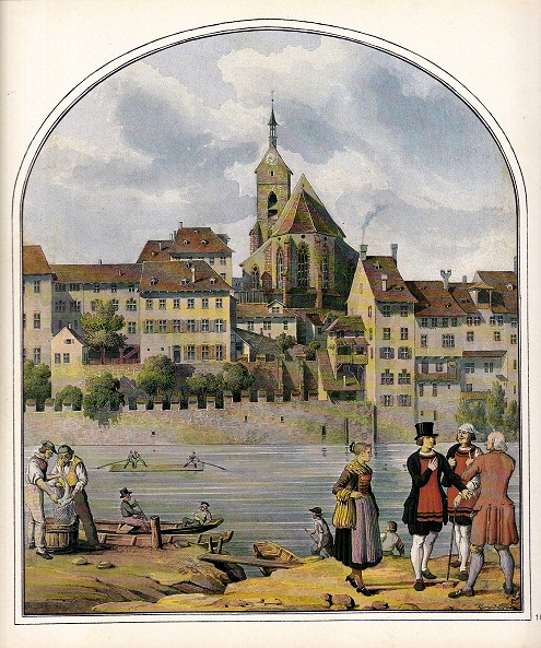 Basel Zentrum: Die Martinskirche
                      und die Universit�t daneben, Sicht von
                      gegen�berliegenden Ufer von Kleinbasel aus �ber
                      den Rhein, und im Vordergrund Fischer mit
                      Fischerei - Aquarell von Constantin Guise 1847
