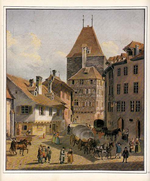 Basel Zentrum: Das
                      Haus der Schiffsleutezunft mit dem Rheintor bei
                      der Mittleren Br�cke, 1835ca.
