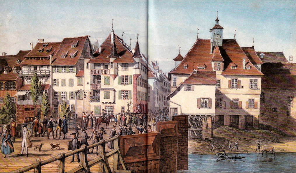 Basel Zentrum: Die Mittlere Br�cke mit der
                        Sicht vom Rheintor auf Kleinbasel, 1830