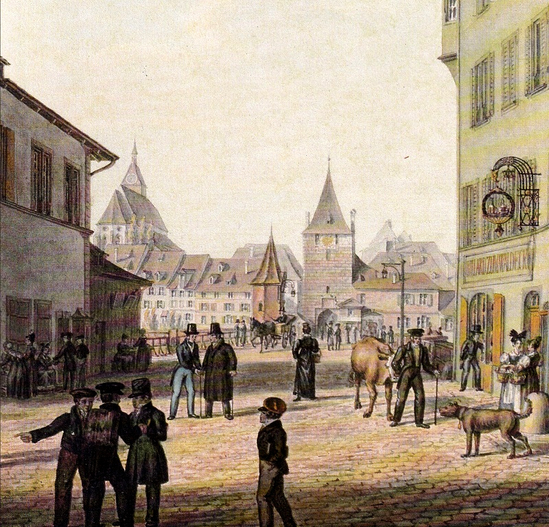 Kleinbasel: Die Sicht �ber die Mittlere
                      Br�cke auf Grossbasel mit dem Rheintor, Ausschnitt
                      aus einem Aquarell von Johann Jakob Neust�ck 1838