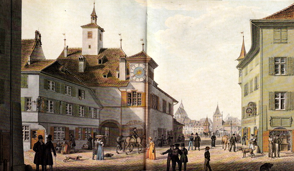 Kleinbasel, die Rheingasse mit dem
                        Richthaus, Aquarell von Johann Jakob Neust�ck
                        1838