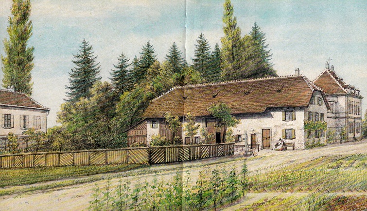 Kleinbasel: Das
                      Landgut "Im Surinam" vor dem Riehentor,
                      Aquarell von Anton Winterlin um 1860