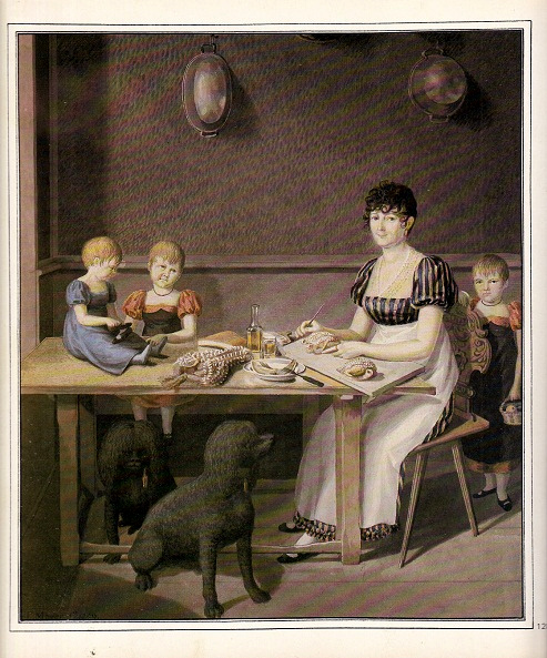 Elisabeth
                      Bachofen-Fuchs in der Kche bei der Zubereitung
                      einer Mahlzeit mit Kindern und zwei schwarzen
                      Pudels am Tisch, Aquarell von Friedrich Meyer
                      1809
