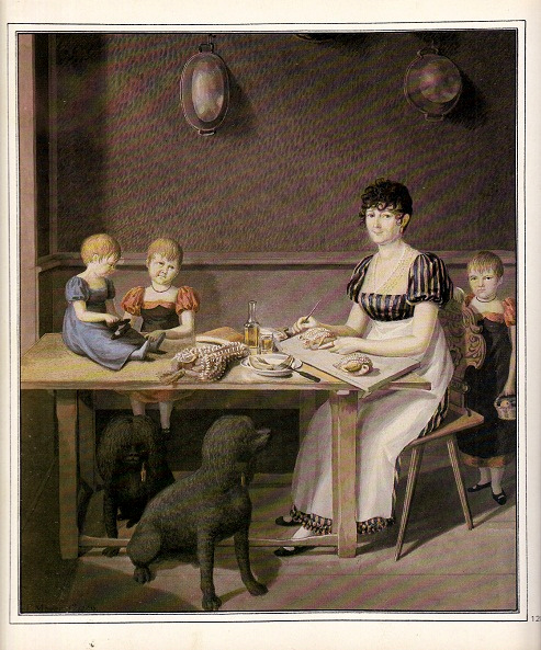 Elisabeth
                      Bachofen-Fuchs in der K�che bei der Zubereitung
                      einer Mahlzeit mit Kindern und zwei schwarzen
                      Pudels am Tisch, Aquarell von Friedrich Meyer
                      1809