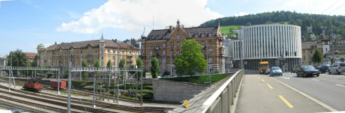 St. Gallen: St.-Leonhardstrasse, Sicht auf
                Ziegelblocks und auf das B�rohaus ohne Stil