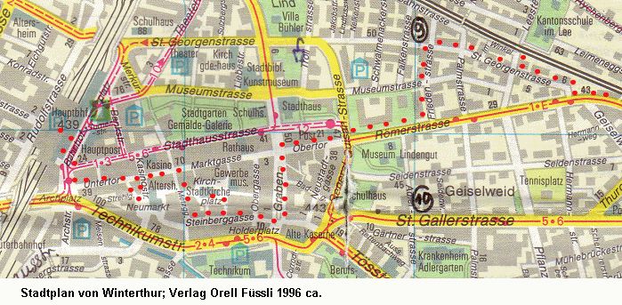 Stadtplan von Winterthur mit dem Spaziergang
              (rote Punkte) von der R�merstrasse bis zum Hauptbahnhof