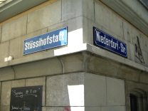 Zurich, street corner Niederdorfstrasse /
                        Stssihofstatt (Downtown Street / Stuessi Yard
                        Square)