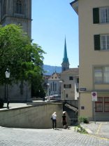 Zurich, Zwingli Square, view to Fraum�nster
                        ("Woman's cathedral") at the other
                        river side of Limmat River