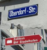 Road signs "Oberdorfstrasse"
                        ("Upper Town Street) and "Bahnhof
                        Stadelhofen" ("Stadelhofen Railway
                        Station")