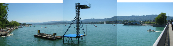 Zurich Quaibr�cke (Quay Bridge), panorama
                      with the Alps, Zurich Enge and Uetliberg (Uetli
                      Mountain)