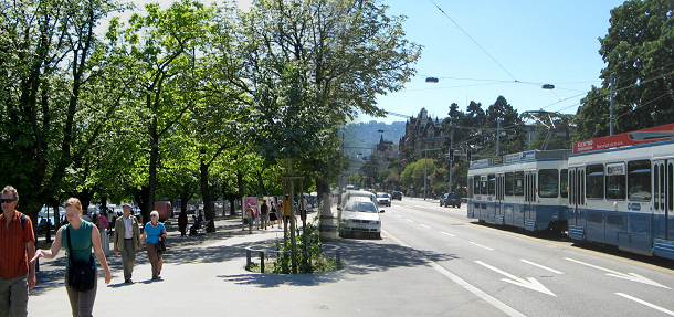 Zurich General-Guisan-Quai (General
                          Guisan Quay), sidewalkd and view to Uetliberg
                          (Uetli Mountain), panorama photo