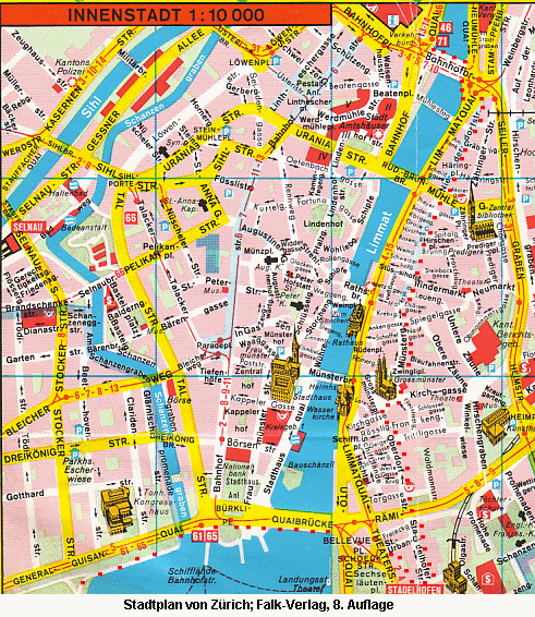 Stadtplan
                      der Altstadt von Zrich und des Spaziergangs (rote
                      Punkte)