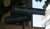 Road signs at the crossing
                        Waisenhausstrasse / Sch�tzengasse (Orphanage
                        Street / Shooter Alley)