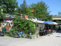 Road sign Kloster-Fahr-Weg (Fahr Monastery
                        Way), Letten Cafe in a wagon of Berlin urban
                        railway