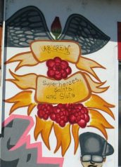 Zurich, Zollstrasse (Customs Street),
                        graffiti "Super heroes, Saints and
                        Sluts"