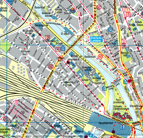 Karte /
                  Stadtplan von Zrich mit dem Spazierweg vom 14.7.2007
                  Landesmuseum - Platzspitz - Letten - Lettenviadukt -
                  Rntgenstrasse - Zollstrasse