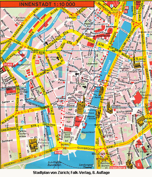 Karte / Stadtplan der Altstadt
                  von Zrich mit dem Spaziergang vom 14.7.2007 vom See
                  zum Hauptbahnhof