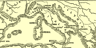 Karte
                      mit dem Gallien jenseit der Alpen (Gallia
                      Cisalpina) und Illyrien